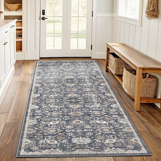 AMADA HOMEFURNISHING 2x6 Washable Runner Rug, Low-Profile Kitchen Rugs with Non-Slip Backing & Durable Edge Binding, Vintage Entryway Runner Rug for Bedroom & Hallway