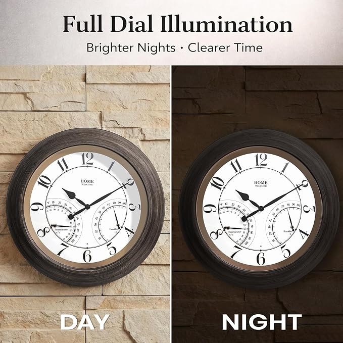 Pytha Sight 24 Inch Outdoor Clocks Waterproof, Large Easy-to-Read Illuminated Outdoor Wall Clock with Smart Light Sensor, Silent Large Outdoor Clock for Patio, Pool,Porch,Garden,Backyard