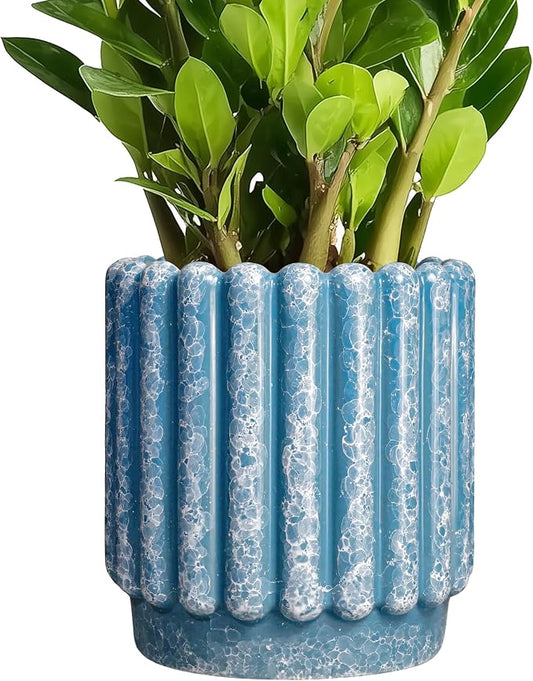 Ceramicfor Ceramic Planter, 7.6 Inch, Blue | Drainage Hole, Fluted Round Design, Indoor Outdoor Use, Decorative Flower Pot