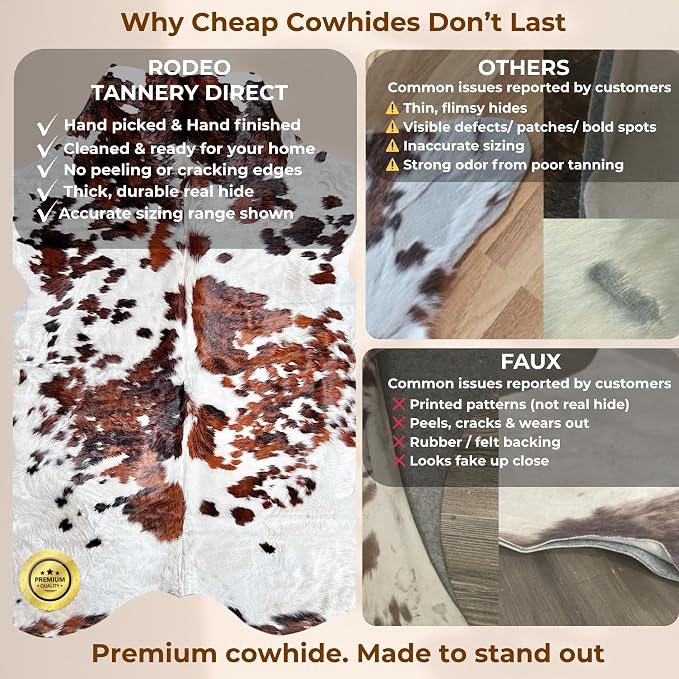 rodeo Genuine Cowhide Rug - Real Cow Hide Rug Large for Living Room & Bedroom - Western Rugs for a Natural Western Home Decor Ambiance - Rustic Cow Print Carpet Decor - 5x6 ft, Tricolor
