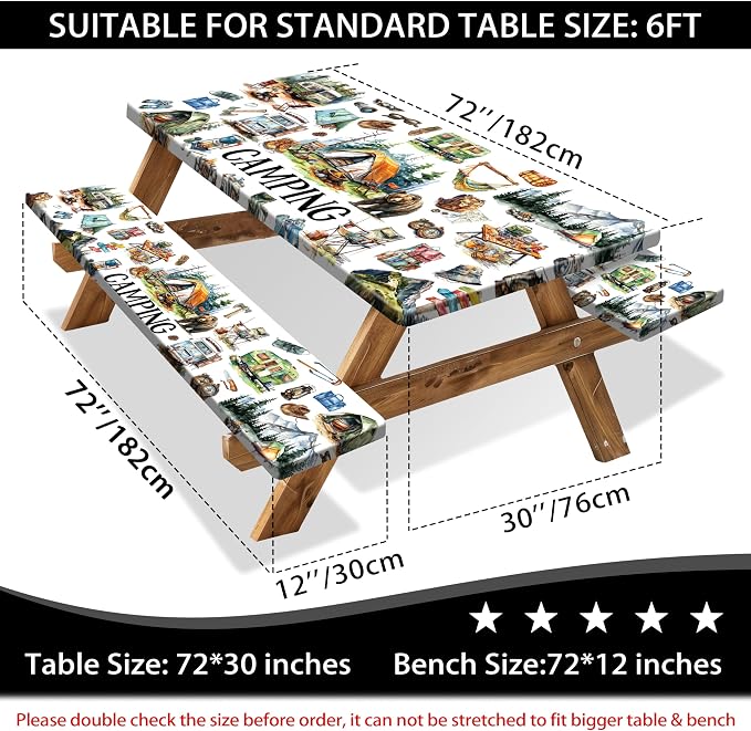 Picnic Table Cover with Bench Covers 6FT Camping Essentials Fitted Picnic Table Cloths Camping Table Cover Outdoor Elastic Picnic Tablecloth (3pcs-72")