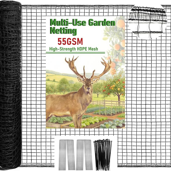 Deer Fence Netting, 4 x 75ft Heavy Duty Plastic Mesh Plastic Fence Deer Netting, 55GSM Deer Fence for Garden, Reinforced Edges Anti Bird Netting Mesh for Trees Vegetable Raised Bed(55GSM, 4 x 75ft)