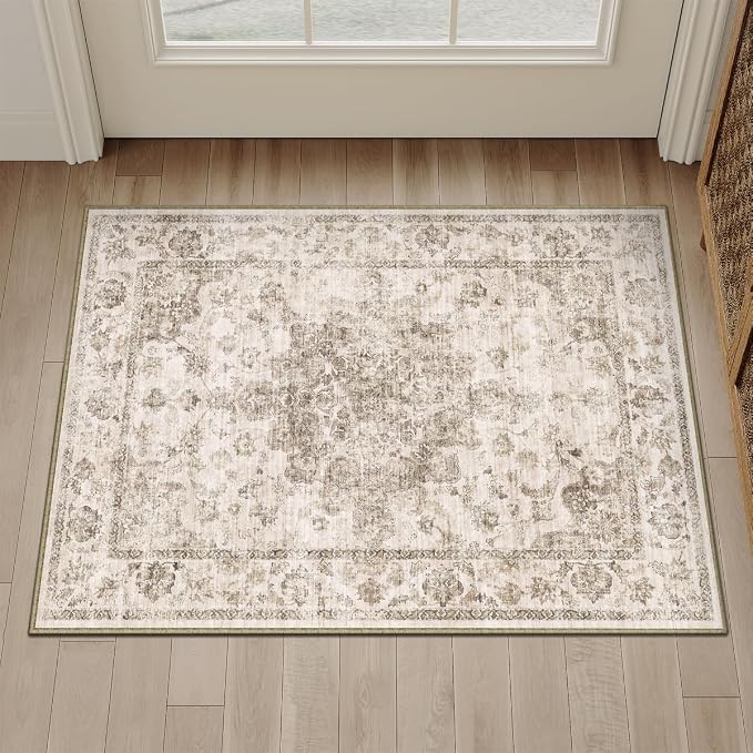 2x3 Brown Neutral Area Rug | Washable, Non Slip, Soft Low Pile, Vintage Farmhouse, for Entryway Kitchen Bathroom Living Room Bedroom Indoor Home Decor