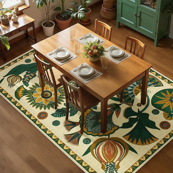 Joydeco Washable Egypt Floral Beige 5x7 Area Rugs for Living Room Bedroom | Boho Botanical Colorful Non Slip Stain Resistant Flower Indoor Carpet for Dining Room Office Entryway Guest Room Playroom
