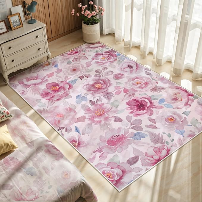 Lahome Pink Floral Area Rug 3x5 for Bathroom and Bedroom | Non-Slip Entryway Rug, Ultra-Thin Washable Stain Resistant Boho Throw Rug for Vanity