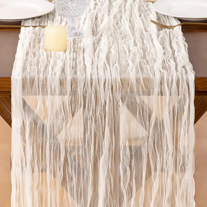 Socomi Ivory Cheesecloth Table Runner Tulle Gauze Cheese clothBoho Rustic 120 inch 10FT Runner for Wedding Party Baby Shower Birthday Holiday Decorations 3pcs