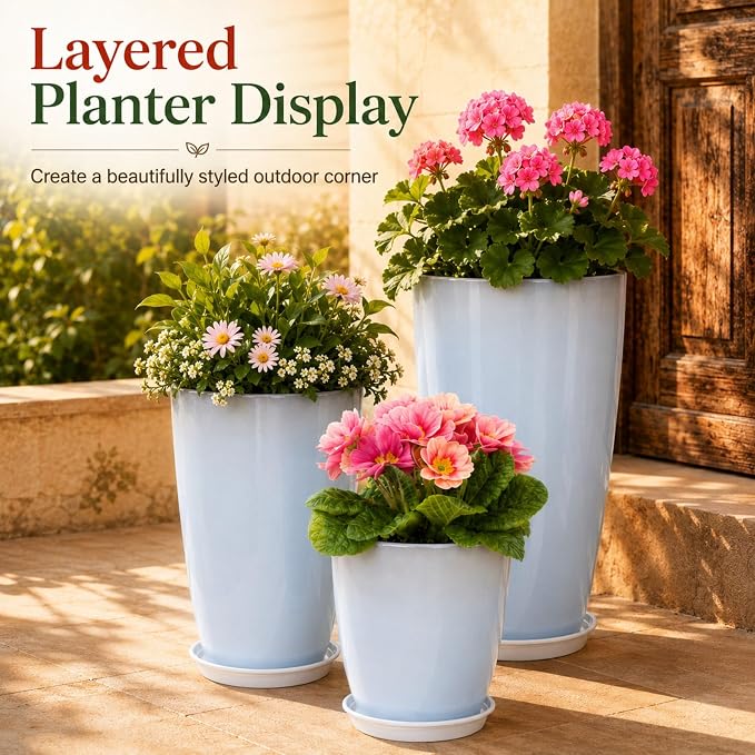 Neoaider Set of 3 Tall Planter, 24/21/12in Large Plastic Planter, Off White | Ceramic-Look, Lightweight, Built-in Drain Hole, Saucers, Tall Outdoor Planter for Porch, Garden, Patio, Balcony