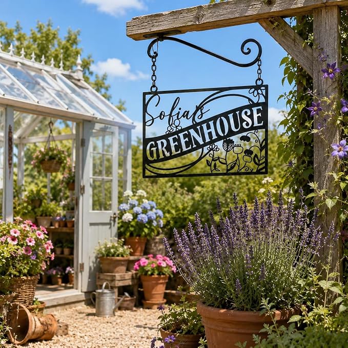 Personalized Greenhouse Sign, Custom Metal Garden Plaque with Family Name, Rustic Outdoor Wall Art for Garden Decor, Unique Mother's Day & Gardener Gift for Yard and Patio