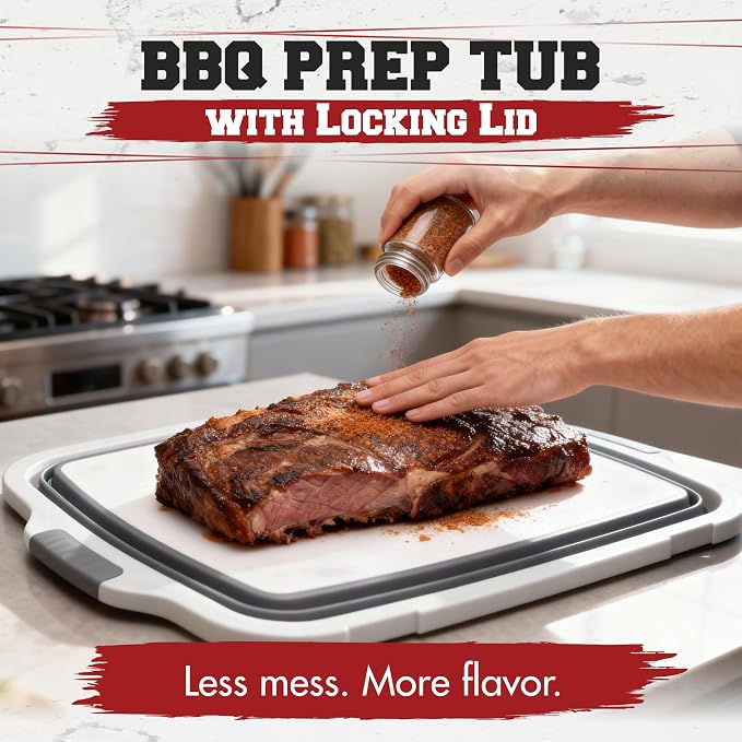 KITCHEN PERFECTION Collapsible XL Smoker & BBQ Prep Tub with Locking Lid | Includes Cutting Board, Meat Marinade & Brine Container For Turkey, Brisket & Ribs - Best Grill Accessories Gifts For Men
