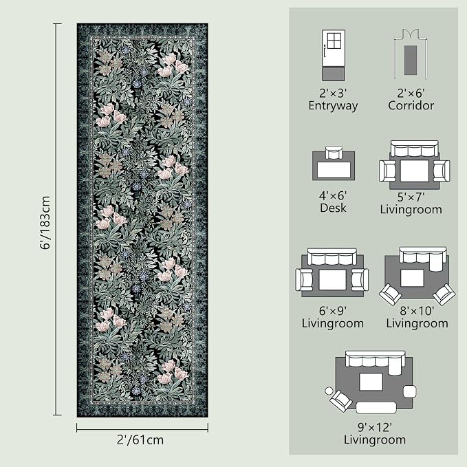 Washable Runners for Hallways Area Rugs 2x6 Black Green Vintage Floral Botanical Pattern Perfect for Soft Hallway Rug Carpet for Kitchen Bedroom Bathroom Laundry Room