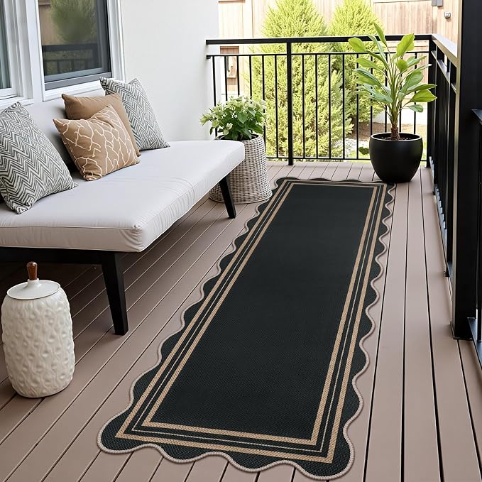 Scalloped 2.6x8 Kitchen Runner Rug, Washable Rugs for Entryway Non Slip Outdoor Indoor Black Long Rug, Farmhouse Morden Carpet for Hallway Bedroom