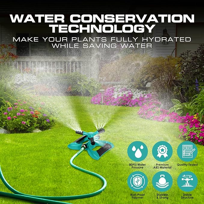 Joeys Sprinkler for Yard, Rotating Garden Sprinkler with 3 Adjustable Arms, Weighted Base, Expandable Connection, Lawn and Yard Sprinklers (Green)