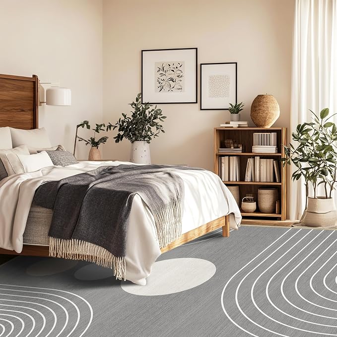 8x10 Area Rug for Living Room Boho Modern Minimalist Geometric Abstract Large Rug Grey Mid Century Modern Machine Washable Non-Slip Printed Low-Pile Indoor Floor Carpet Dining Room Bedroom Gray