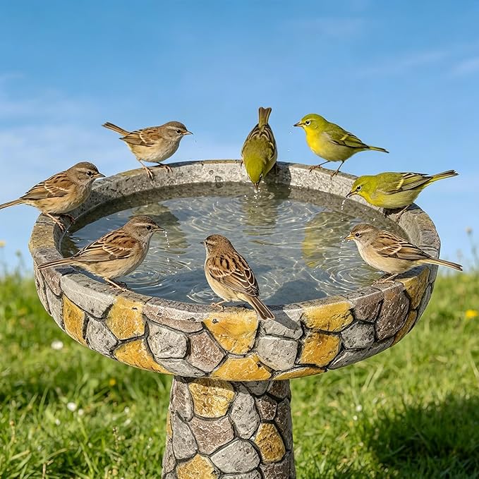 SKYFIRE 24" H Outdoor Bird Bath, Concrete Freestanding Pedestal Birdbath, Rustic Faux Stone Bird Bath Bowl for Garden, Patio, Yard, Lawn - 18.8" Dia. x 24" H Weather Resistant Garden Decoration