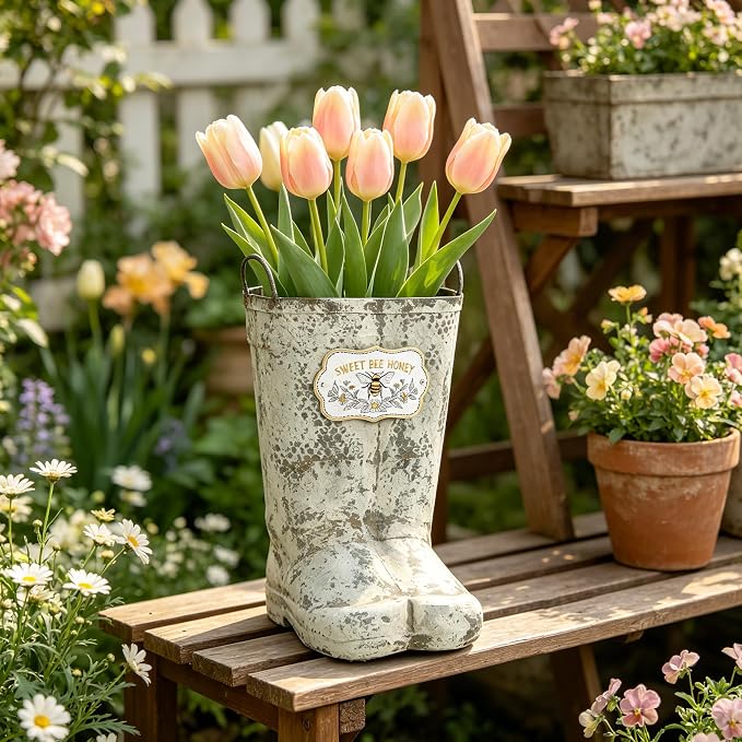 Vintage Metal Planters with Handle Distressed Decor Rustic Farmhouse Flower Pot with Sweet Bee Honey Emblem, Indoor/Outdoor Decorative Plants Buckets for Wedding Home Garden Patio Decor