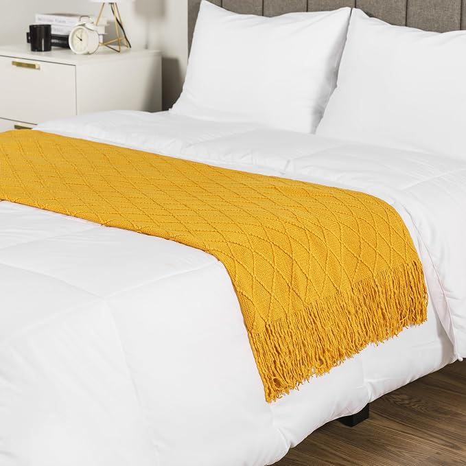 PAVILIA Mustard Yellow Knit Throw Blanket for Couch Bed, Soft Knitted Farmhouse Sofa Throw for Living Room, Lightweight Decorative Fall Throw Blanket for Chair, Outdoor Textured Boho Blanket, 50x60