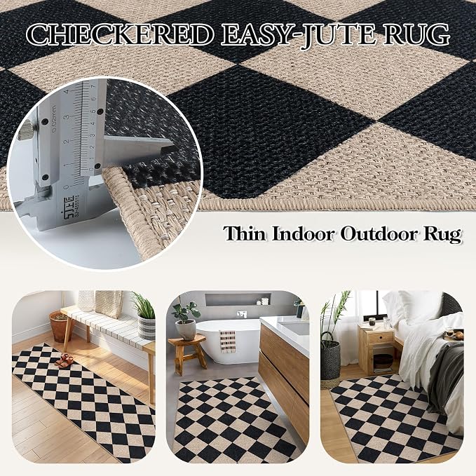 Lahome Checkered Easy Jute 3x5 Entryway Front Porch Rug, Black Diamond Indoor Outdoor Patio Layering Rug, Washable Farmhouse Neutral Non Slip Non Shedding Door Carpet for Backyard Blacony