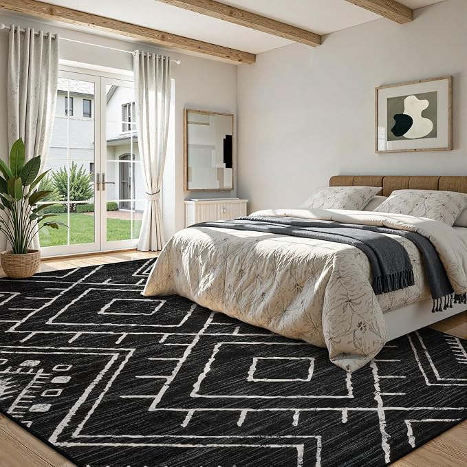 LIVEBOX Moroccan 8x10 Area Rug, Black Washable Rugs for Living Room Bedroom, Non Slip Western Tribal Rug Low Pile Geometric Large Area Rugs Diamond Carpet for Dining Room Home Office Decor Playroom
