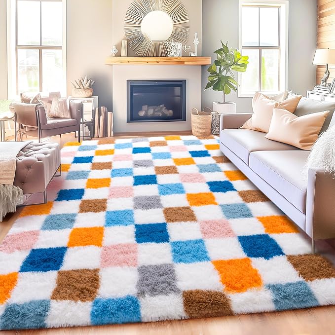 Checkered Rug 8x10 for Living Room, Ultra Shag Large Rainbow Area Rug for Bedroom, Modern Plush Soft Upgrade Non-Slip Fluffy Fuzzy Carpet for Kids Girls Room, Dorm Home Decor
