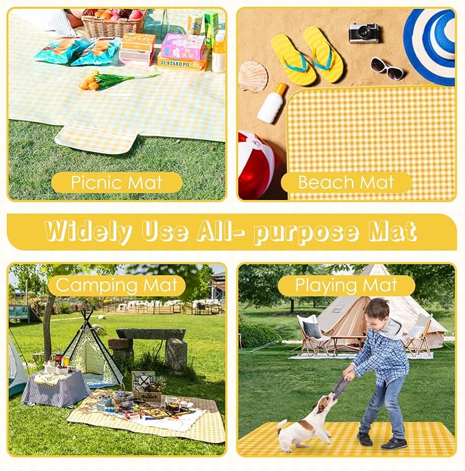 Portable Picnic Blanket, Waterproof Sandproof Foldable Outdoor Mat with Handle for Beach, Camping, Hiking, Travel, and Family Concerts (Yellow)