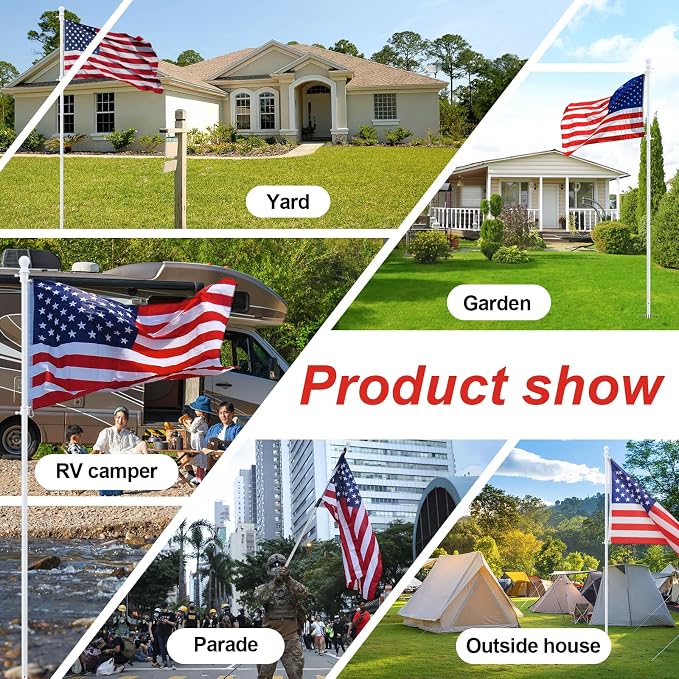 Heavy Duty Ground Flag Pole Kit with 3x5 US Flag - 8.5FT Tangle Free Yard Flag Pole with Anti-Tip Windproof Prong, Portable for Outside House, Yard, Outdoor, Camping - White (1 Pack)