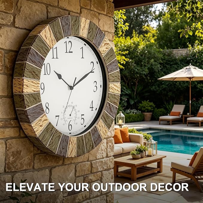 UMEXUS Outdoor Indoor Clock, 13 Inch Waterproof Wall Clocks with Thermometer，Silent Non-Ticking Battery Operated Decor for Patio, Garden, Porch, Pool, Living Room (Marble Gray)