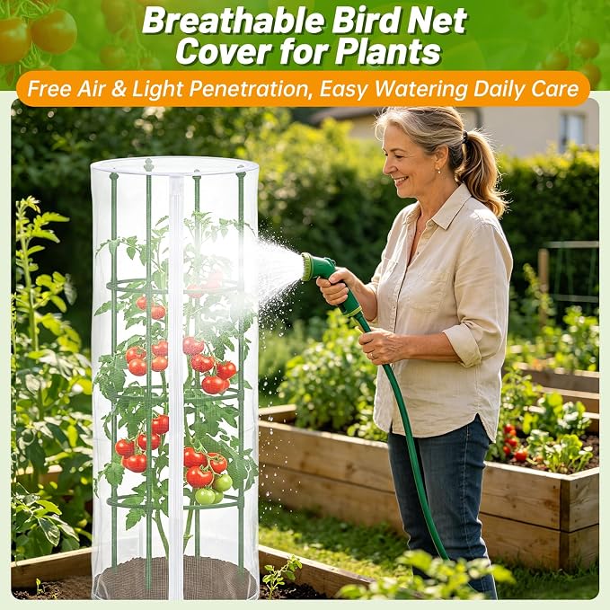 3 Pcs Garden Tomato Plant Cover Netting, Fits 15" x 55" Tall Round Tomato Cage, with Zipper & Drawstring, Garden Bird Netting for Vertical Climbing Vegetables and Fruits (No cage)
