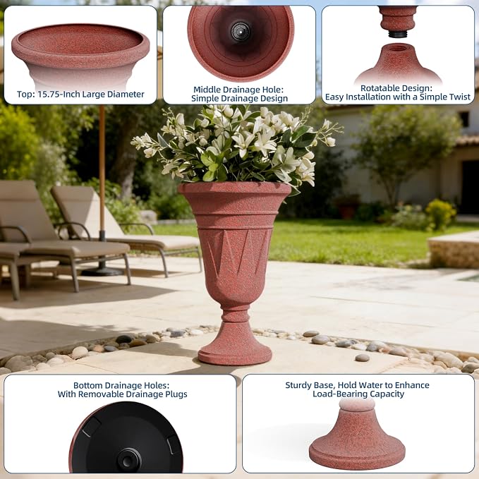 Tall Urn Planters for Outdoor Plants Set of 2-23.6" H Vintage Trophy Outdoor Planters for Porch Decor with Drainage Hole, Indoor Large Flower Pots, Pedestal Planter/Garden Vase, Brick Red