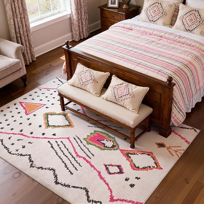 jinchan 5x7 Beige Hot Nerd Rug Modern Boho Geometric Washable Bedroom Rug | Abstract Artwork, Tribal Inspired, Diamond Motifs, Washable, Soft Texture, Non-Slip, Low Pile, Living Room, Dining Room