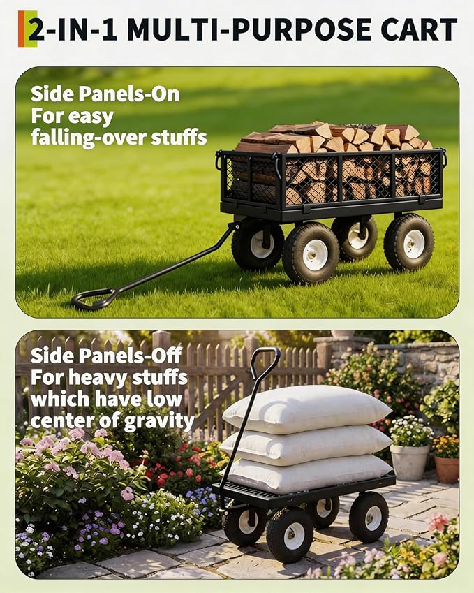 GarveeTech 1000LBS Heavy Duty Steel Garden Cart, Garden Wagon Cart on Wheels, Metal Yard Utility Wagon with Removable Mesh Sides, 13" All Terrain Tires, 180° Rotating Handle for Lawn, Garden, Farm