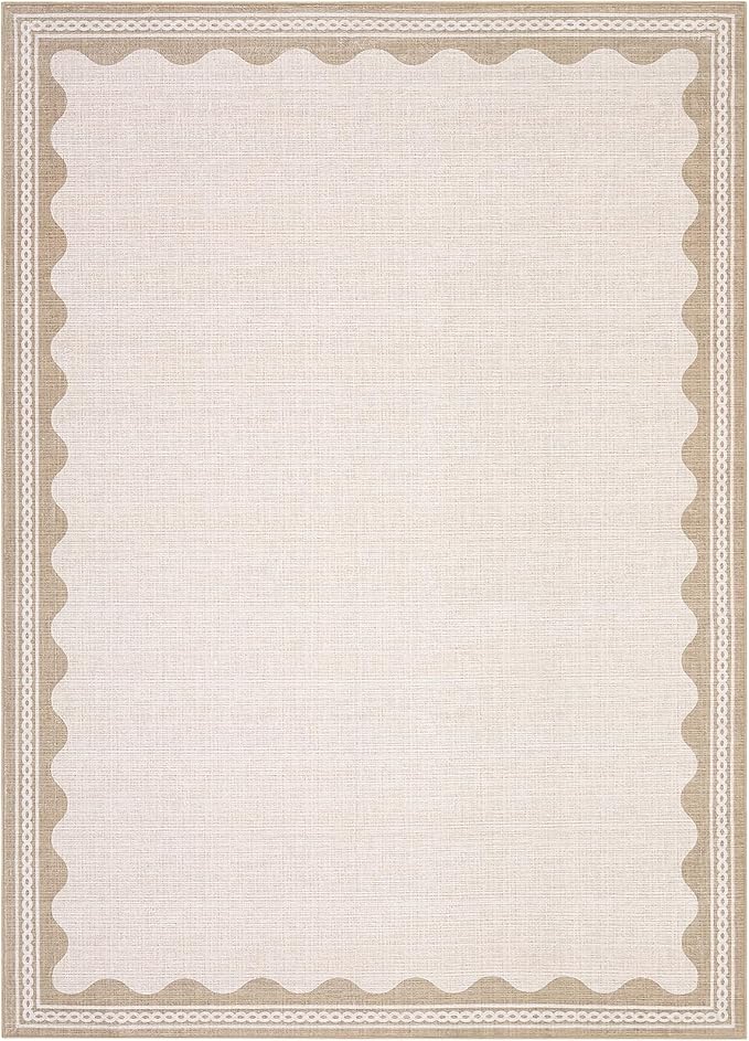 GarveeHome Scalloped 4x6 Rug Non-Slip Washable Low-Pile Carpet - Solid Beige Modern Rugs for Bedroom Living Room Nursery Kitchen Entryway Indoor Mat with Rubber Back