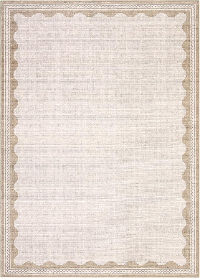 GarveeHome Scalloped Washable Rugs 5x7 Rug for Living Room, 5 x 7 Rug Solid Beige Modern Low-Pile Carpet for Bedroom Dining Nursery Non Slip Mat with Rubber Back