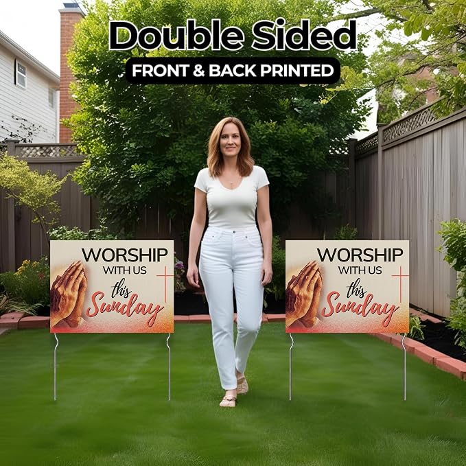 Worship With Us This Sunday! Yard Sign by DC | 24"x18" Double Sided Church Garden Sign with 13” Metal Stakes | Outdoor Signs Waterproof for Lawn, Patio, Sidewalk & House | Set of 4 | Made in USA