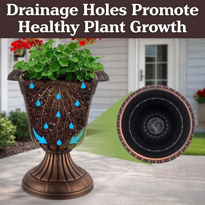 Outdoor Planter 2-Pack - 16x18-Inch Urn Planters for Front Porch Decor, Indoors, Patio or Entryway - Plastic Plant Pots - Large Decorative Flower Pots by Pure Garden (Rustic Bronze)