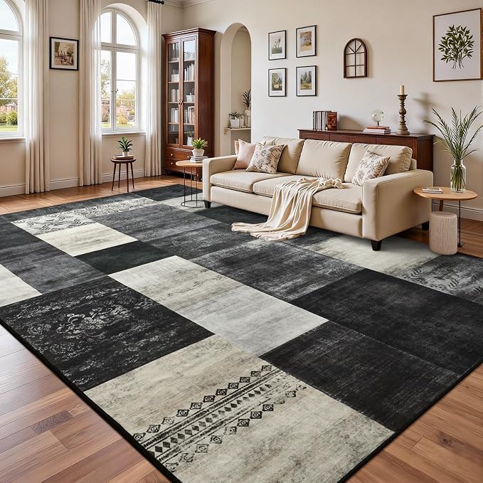 Washable Area Rugs 8x10 for Living Room, Large Modern Geometric Black White Soft Patchwork Carpet, Non-Slip Stain Resistant Throw Rug for Bedroom Dining Room Office Home Decor