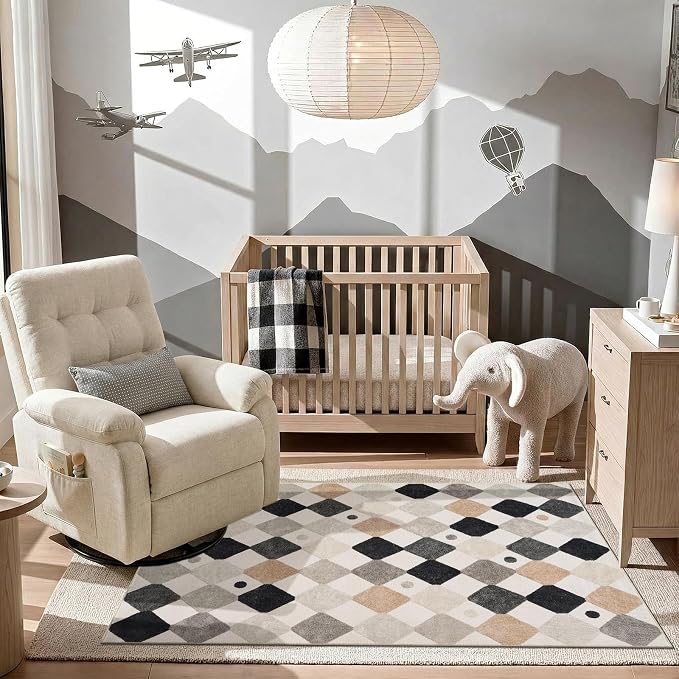 jinchan 4x6 Checkered Area Rug Washable Classroom Kids Rug Marble | Soft, Non-Slip, Kid-Friendly, Preschool Rug, Diamond Design, Play Mat, Black White on Cream, Playroom, Nursery, Bedroom, Dorm