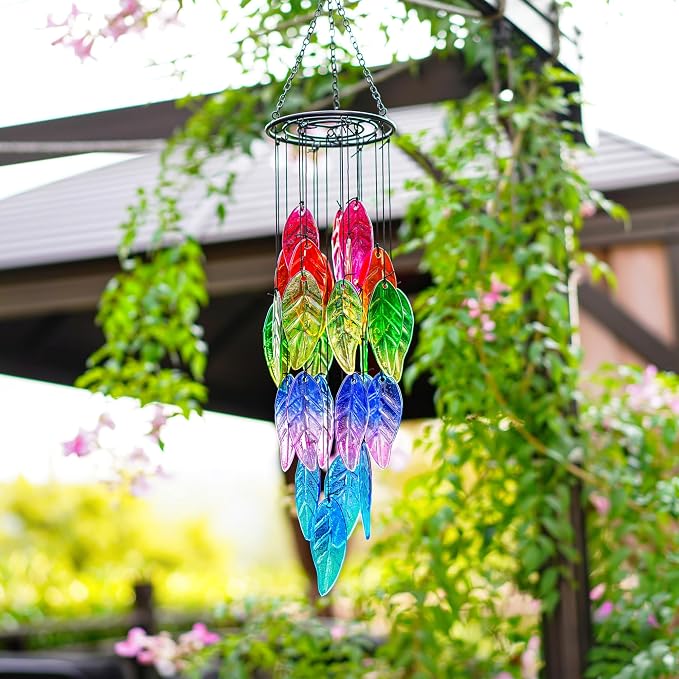 18'' Stained Glass Leaves Wind Chimes for Outside Unique Rainbow Leaves Forest Windchimes Outdoor Decoration Garden Ornament for Christmas Tree
