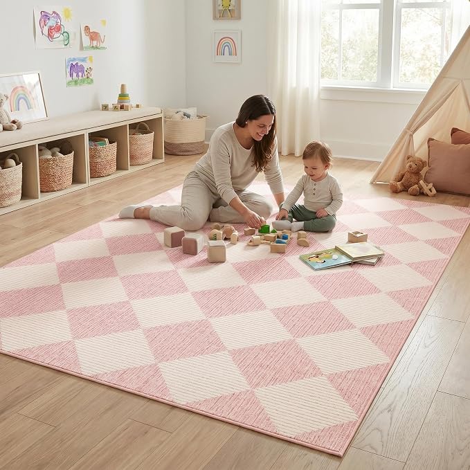 GarveeHome Pink Area Rugs 8x10 Modern Living Room Checkered Washable Rug | Large Soft Non Slip Backing Floor Mat Carpet Indoor Thin Rug for Bedroom Dining Room Playroom Nursery Home Decor