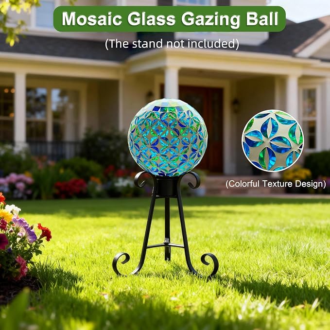 VOREEN 8" Mosaic Glass Gazing Ball,Blue & Green Garden Globe,Weather-Resistant Glass Yard Ornament,Fade-Resistant Outdoor Lawn & Patio Decoration