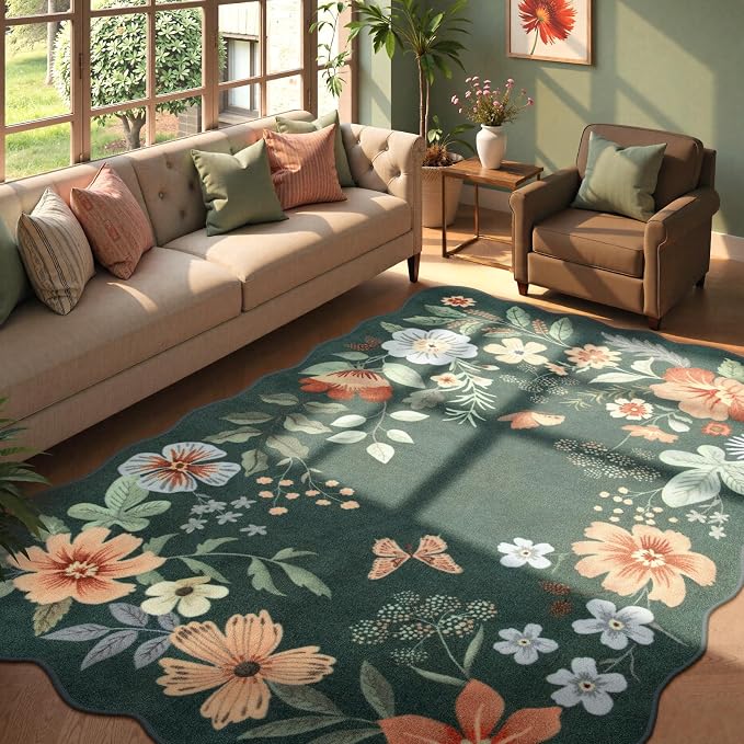 Lahome Floral Washable 6x9 Area Rugs, Soft Bedroom Rug for Living Room | Ultra-Thin Non Slip Dining Room Rug, Stain Resistant Boho Rugs Throw Carpet for Office Flore (6'x9',Dark Green)