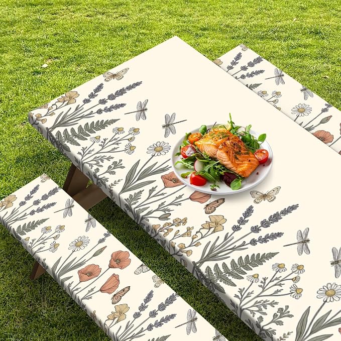 Picnic Table Cover with Bench Covers Elastic Edges, Botanical Camper Fitted Table Cover, Outdoor Camping Essentials 72 Inch 3PCS, Waterproof Camping Fitted Tablecloth with Drawstring Bag