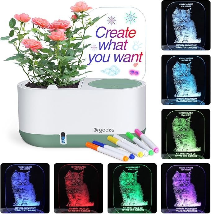 Self-Watering Planter with LED Note Board & 7 Colors Pen Acrylic Message Board with Light Acrylic Dry Erase Board, Led Cat Board Night Light with Planting Pot for Children's Day Gifts(No Plant&Seed)