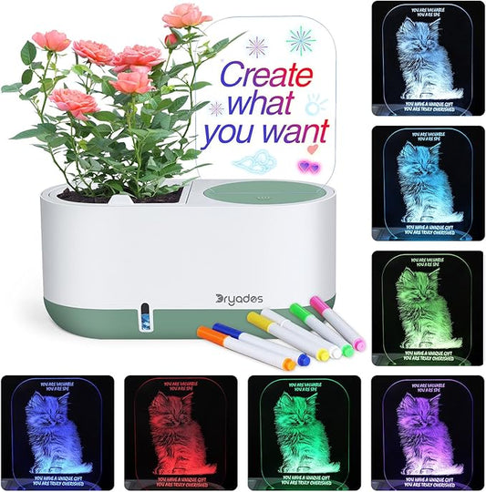Self-Watering Planter with LED Note Board & 7 Colors Pen Acrylic Message Board with Light Acrylic Dry Erase Board, Led Cat Board Night Light with Planting Pot for Children's Day Gifts(No Plant&Seed)