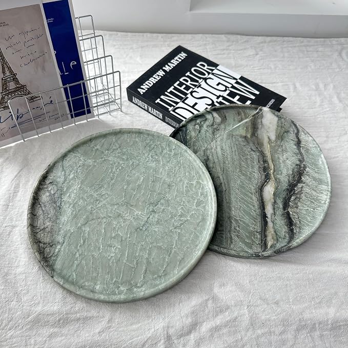 Real Natural Marble Round Tray 10.2in Solid Stone Decorative Plate | Luxury Light Green Marble Decor Tray for Candle, Jewelry, Plant. Food-Safe Solid Stone Serving Dish with Unique Veining