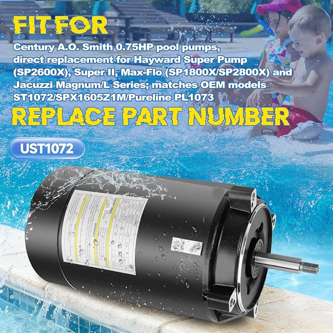UST1072 Pool Pump Motor 3/4HP 56J C-Face Fit for Hayward Super Pump/Max-Flo | 115/230V Dual Voltage, 3450 RPM 56J C-Face, 5/8" 1045 Steel Shaft, ODP Protection, Fit for Century A.O. Smith