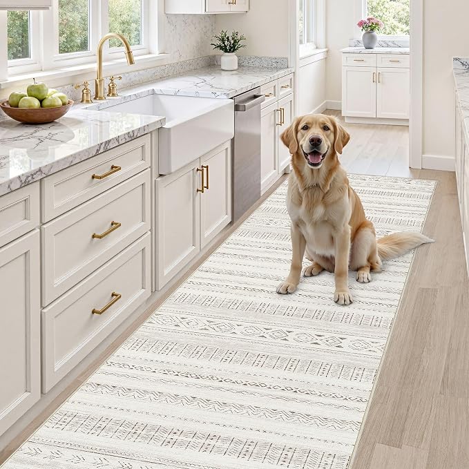 cotiled Hallway 2.6x8 Runner Rugs Washable Boho Rug Brown/Cream | Stain Resistan Indoor Carpet for Entryway Kitchen Laundry Room Bedroom