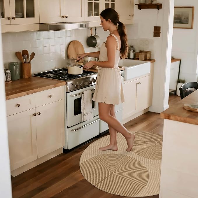 Easy Jute Round Rug 3ft: Outdoor Natural Area Rugs for Front Patio Linen-Look Fabric Durable - Neutral Carpet Mat for Entryway Bathroom Non-Slip - Geometric Arch Pattern
