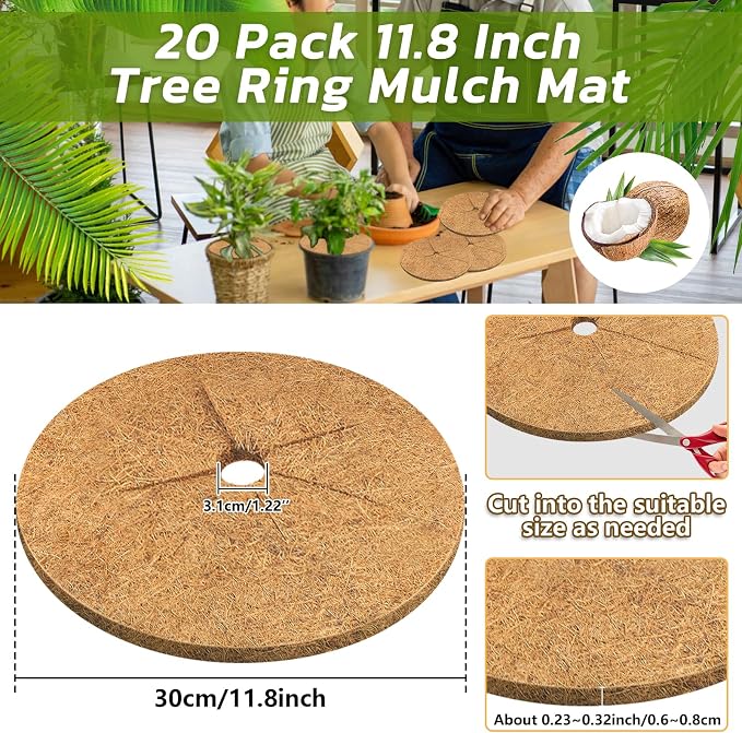 Legigo 20pcs Coconut Fiber Mulch Ring Tree Plant Protector Mat, 11.8 Inch Natural Coco Coir Tree Mulch Ring Plant Pot Soil Cover, Tree Rings Disc Plant Cover for Indoor Outdoor Plants, Landscaping