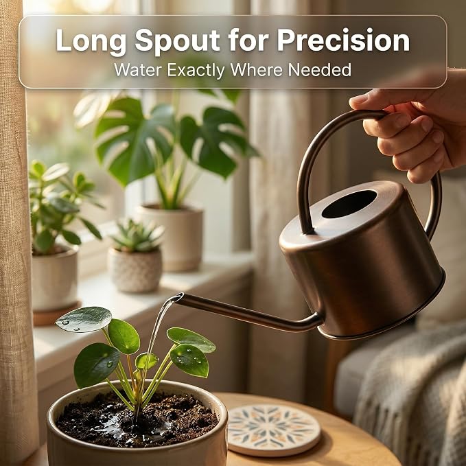 Topadorn 1.3L Metal Watering Can with Long Spout, Bronze Indoor Plant Watering Can, Rust-Resistant Garden Watering Can with Ergonomic Handle