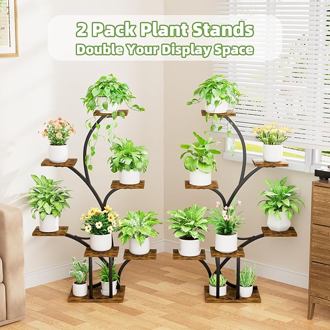 Plant Stand Indoor with Grow Lights - 2 Pack Plant Shelf, 7 Tier Lighted Corner Plant Stands for Indoor Growing, 40" Metal Flower Holder, Tree-Shaped Display Shelves with Adjustable Light, Black